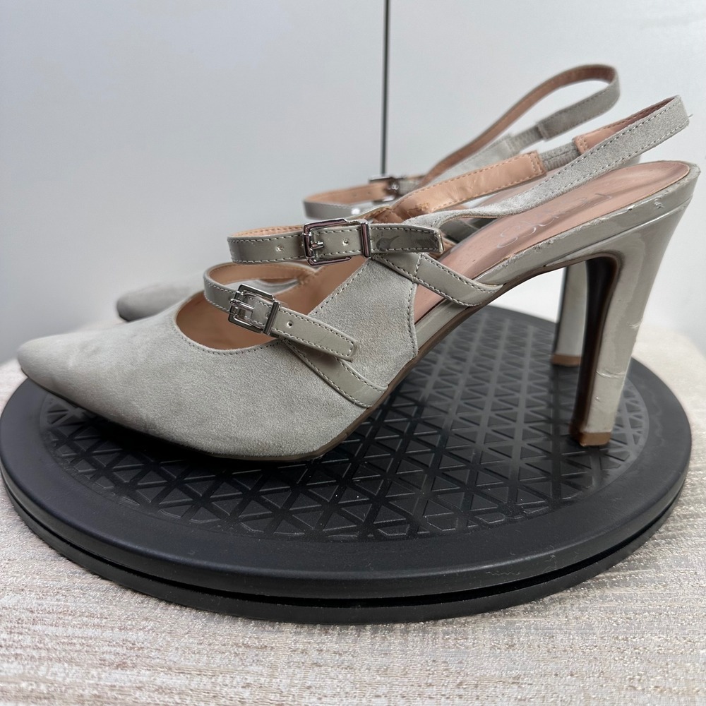 Franco Sarto Gray Suede Slingback Heels with Patent Accents Buckle Straps Sz 10M